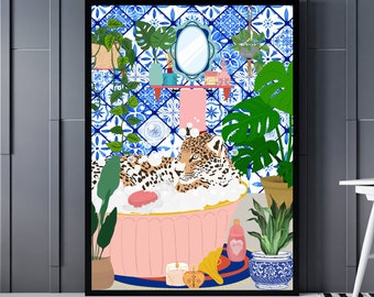 Leopard in Bathtub Wall Art, Tropical Bathroom Print, DIGITAL DOWNLOAD, Mediterranean Tiles, Bathtub Poster, Maximalist Wall Art, Eclectic