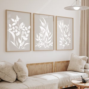 Neutral botanisk tavelvägg, boho botaniskt tryck set om tre, digital nedladdning, neutral väggkonst, akvarellkonst, vita växter