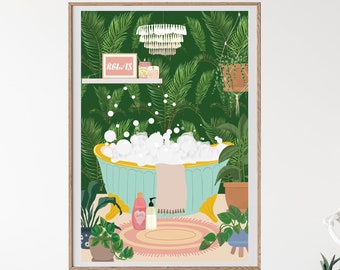Bathtub Wall Art, Bathroom Poster, Bubble Bath Print, Digital Download, Tropical Bathroom, Botanical, Relax, Eclectic Wall Art, Maximalist