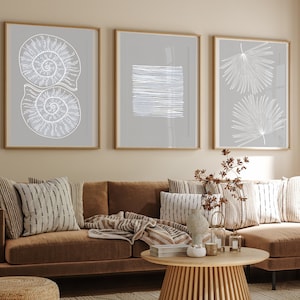 Boho Coastal Wall Art, Beach Set of Three Prints, Seashell Print, Tropical Leaves Poster, Boho Abstract Print, Beach House Decor, Lake House