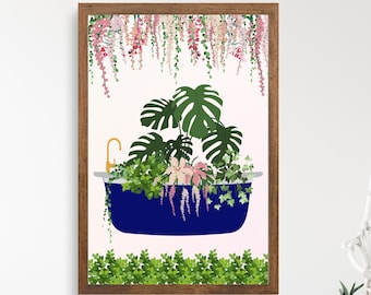 Bathroom Wall Art, Bathtub Print, Flowers in Bathtub, DIGITAL DOWNLOAD, Plants in Bathtub, Floral Bathroom Print, Bathroom Decor, Monstera