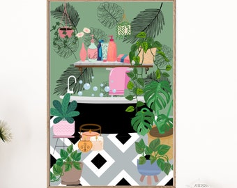 Tropical Bathroom Wall Art, Botanical Bath Poster, Digital Download, Potted Houseplants Print, Printable Art, Colorful, Monstera, Bathtub