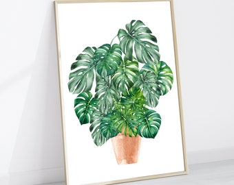 Impresión Monstera, Arte vegetal Monstera, DESCARGA DIGITAL, Hojas de Monstera, Arte botánico, Arte de pared de plantas de interior, Acuarela, Póster de plantas en macetas