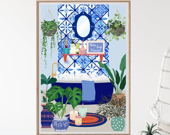 Bathtub Print, Bubble Bath Wall Art, Tropical Bathroom Print, Digital Download, Mediterranean Tiles, Botanical,Maximalist Wall Art,Eclectic