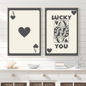 Retro Wall Art, Queen of Hearts Set Of Two, Digital Download, Lucky You Print, Printable Trendy Poster, Grey Ace Card, Playing Cards Art