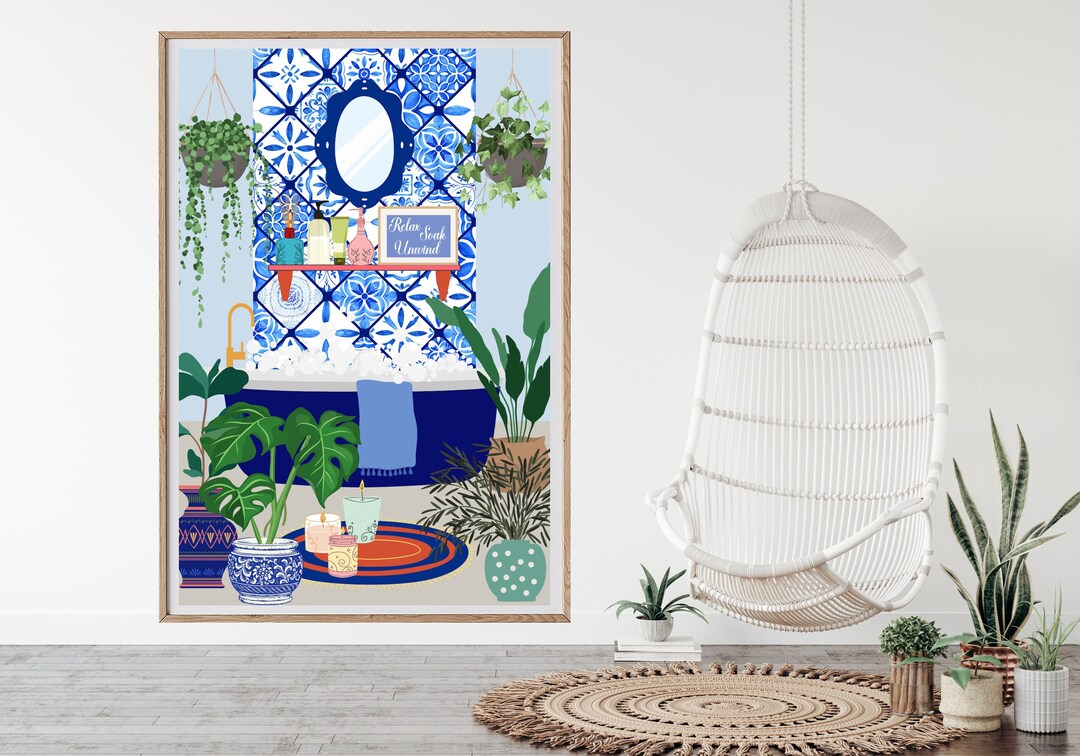 Bathtub Print, Bubble Bath Wall Art, Tropical Bathroom Print, Digital
