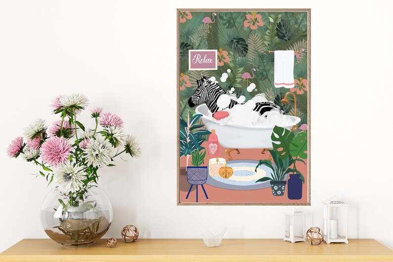 Zebra Bathtub Wall Art, Tropical Bathroom Poster, Digital Download