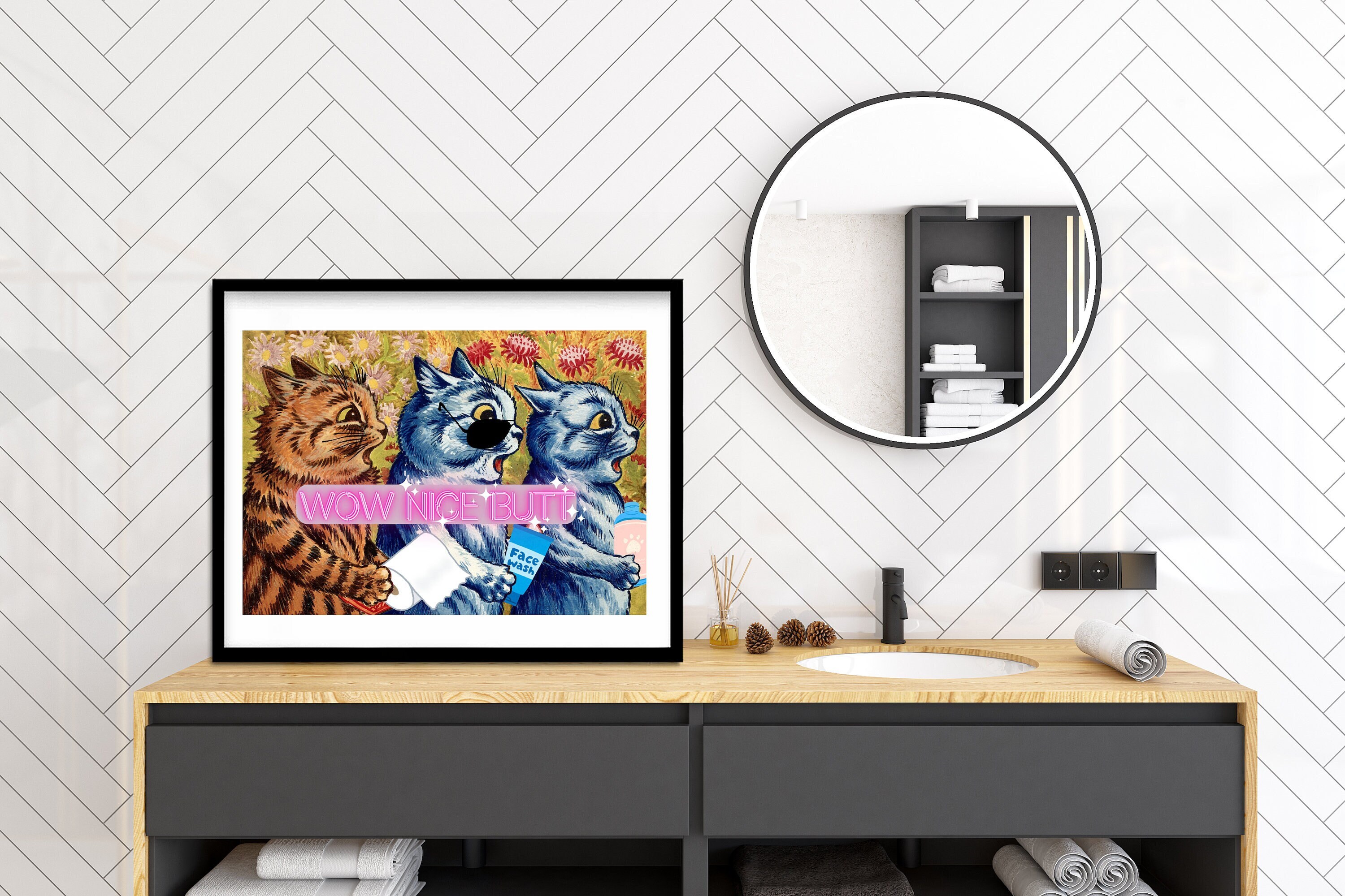 Nice Butt Bathroom Sign, Funny Altered Art, DIGITAL DOWNLOAD, Maximalist Wall Art, Bathroom Decor, Louis Wain, Cats Print, Vintage Poster