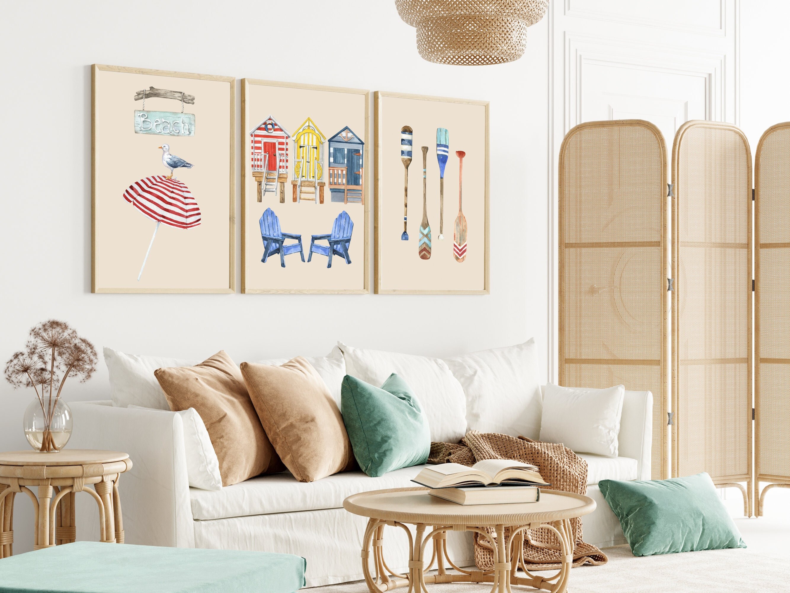 Coastal Gallery Wall Set, Paddle Print, Digital Download, Beach Hut Wall Art, Watercolor, Beach