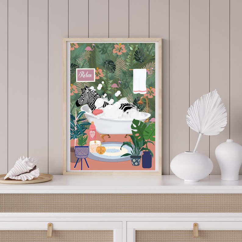 Zebra Bathtub Wall Art, Tropical Bathroom Poster, Digital Download