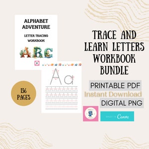 Pode incluir: Um pacote de cadernos de traçado de letras do alfabeto imprimíveis com 136 páginas. A capa apresenta uma ilustração colorida das letras A, B e C. O título é "Alphabet Adventure Letter Tracing Workbook".