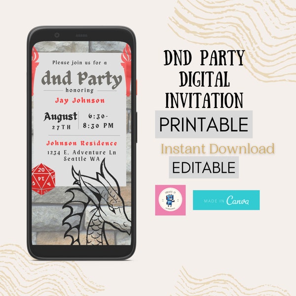 Editable DnD party digital invitation, dnd night invitation, dungeon master party editable template