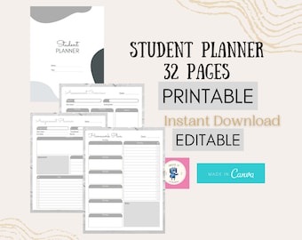 May include: A printable student planner with 32 pages. The planner has a gray and white marble design and includes sections for homework, assignments, and assessments. The text "STUDENT PLANNER 32 PAGES PRINTABLE Instant Download EDITABLE" is displayed in black text on a white background. The text "MADE IN Canva" is displayed in white text on a blue background.
