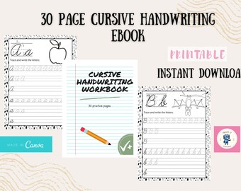 May include: A printable cursive handwriting workbook with 30 practice pages. The cover features a black and white illustration of an apple and a bat. The text "30 PAGE CURSIVE HANDWRITING EBOOK" is at the top of the page. The text "CURSIVE HANDWRITING WORKBOOK" is in the centre of the page. The text "PRINTABLE INSTANT DOWNLOAD" is at the top of the page.