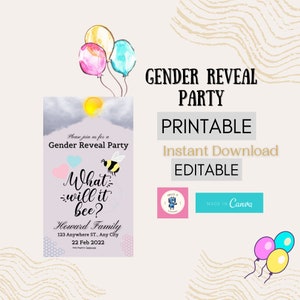 Template Bee themed party invitation, Gender Reveal party invitation, editable, Bee themed party, bee baby shower invitation