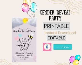 Bee Gender Reveal Invitation Template: Editable Party Invite (Digital Download)