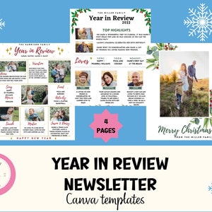 Plantilla Canva de resumen del año familiar, plantilla de boletín navideño, resumen del año, boletín de cuatro páginas editable, descargable e imprimible