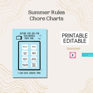 Summer Chore Chart & Rules Bundle: Editable Kids Checklist (Digital Download)
