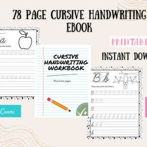 May include: A printable cursive handwriting workbook with 78 pages. The cover features a black and white illustration of a bat and the text "CURSIVE HANDWRITING WORKBOOK". The text "78 practice pages" is also included. The workbook is designed for children learning to write in cursive.