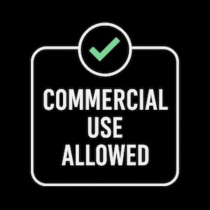 May include: A black square with rounded corners and the words "COMMERCIAL USE ALLOWED" in white. A green checkmark is inside a white circle at the top.