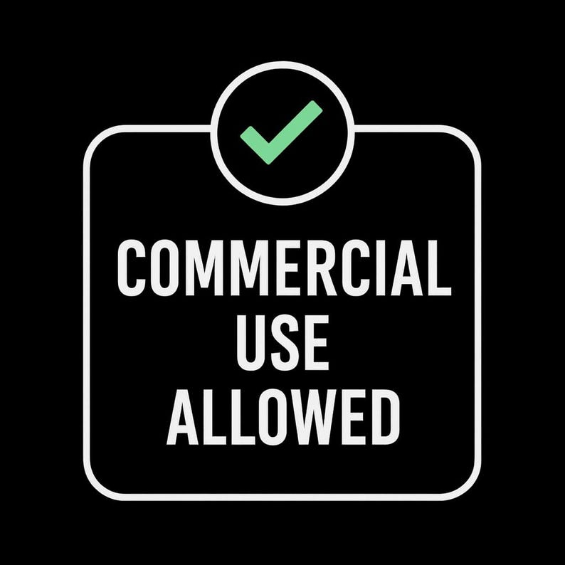 May include: A black square with rounded corners and the words "COMMERCIAL USE ALLOWED" in white. A green checkmark is inside a white circle at the top.