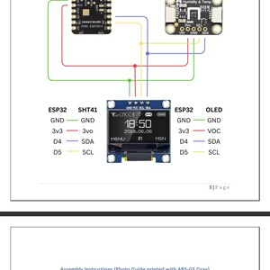Puede incluir: Un diagrama de cableado para la configuraci&oacute;n completa para principiantes de AMS SENSE. El diagrama muestra c&oacute;mo conectar los componentes ESP32, SHT41 y OLED. La pantalla OLED muestra la hora y la fecha. El texto "AMS SENSE" est&aacute; en la parte superior.
