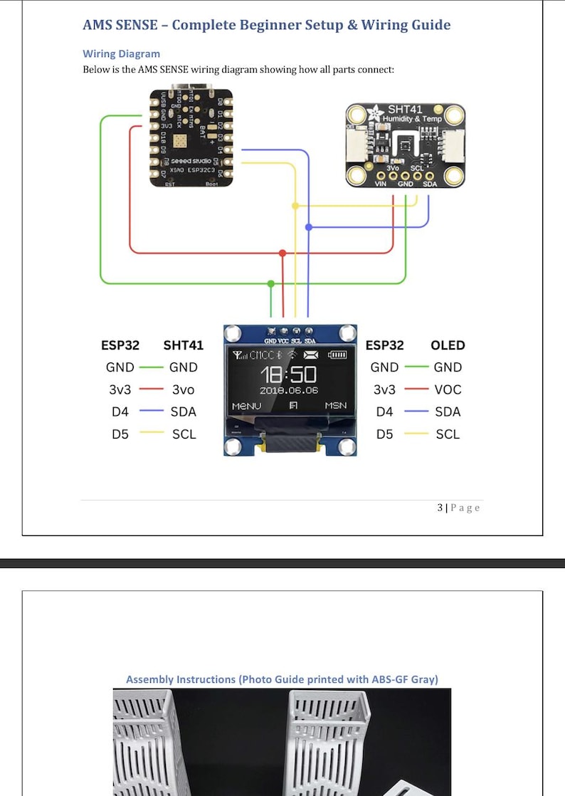 Puede incluir: Un diagrama de cableado para la configuraci&oacute;n completa para principiantes de AMS SENSE. El diagrama muestra c&oacute;mo conectar los componentes ESP32, SHT41 y OLED. La pantalla OLED muestra la hora y la fecha. El texto "AMS SENSE" est&aacute; en la parte superior.
