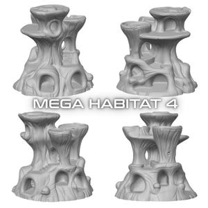 May include: Four gray, stylized structures resembling organic habitats. Each has multiple levels and openings, with the text "MEGA HABITAT 4" displayed prominently across the image. The designs appear to be 3D-rendered.