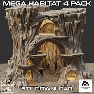 Puede incluir: Estructura de hábitat marrón claro texturizada con múltiples aberturas y repisas. El texto "MEGA HABITAT 4 PACK" está en la parte superior. Las palabras "STL DOWNLOAD" están en la parte inferior. Diseñado para túneles, cuevas y repisas.