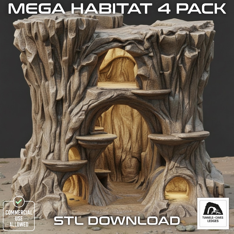 May include: A detailed, textured, light brown habitat structure with multiple openings and ledges. The text "MEGA HABITAT 4 PACK" is at the top. The words "STL DOWNLOAD" are at the bottom. The structure is designed for tunnels, caves, and ledges.