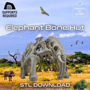 May include: A digitally rendered elephant bone hut with the text "Elephant Bone Hut" and "STL DOWNLOAD". The hut is set against a backdrop of a savanna landscape with a mountain, birds, and a warthog.