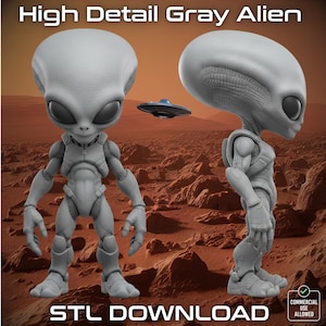 Puede incluir: Una figura de alienígena gris con grandes ojos negros y un cuerpo detallado, posando en dos vistas. La imagen incluye el texto "High Detail Gray Alien" y "STL DOWNLOAD". Un pequeño OVni flota en el fondo.