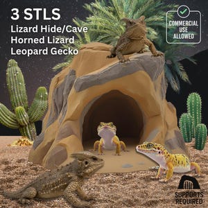 May include: A desert-themed reptile hideaway with a cave entrance, featuring a horned lizard and two leopard geckos. The image includes text that reads "3 STLS Lizard Hide/Cave Horned Lizard Leopard Gecko". The design is surrounded by cacti.