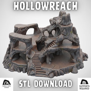 Puede incluir: Una pieza de terreno gris de varios niveles con el texto "HOLLOWREACH" y "STL DOWNLOAD". La estructura presenta arcos, escaleras y repisas, que se asemejan a una cueva o fortaleza de fantasía. El diseño incluye el texto "TUNNELS - CAVES - LEDGES" y "SUPPORTS REQUIRED".