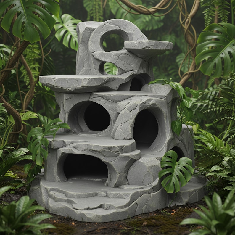 May include: A gray, multi-tiered structure resembling a stone cave, featuring multiple openings and platforms. The design includes circular cutouts and a textured surface, set against a backdrop of lush green foliage.