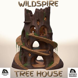 Puede incluir: Una casa en el árbol marrón con múltiples niveles, ventanas circulares y una escalera de caracol. El texto "WILDISPIRE" está en la parte superior y "TREE HOUSE" en la inferior. La casa del árbol tiene un diseño caprichoso.
