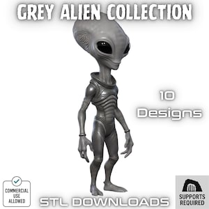 Puede incluir: Una figura de alienígena gris con grandes ojos negros, de pie. La imagen incluye el texto "GREY ALIEN COLLECTION" y "10 Designs". La parte inferior de la imagen dice "STL DOWNLOADS" y "COMMERCIAL USE ALLOWED".