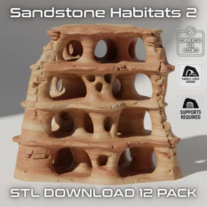 May include: A multi-level sandstone habitat with numerous openings, tunnels, and ledges. The structure is a light brown colour and features the text "Sandstone Habitats 2" and "STL DOWNLOAD 12 PACK". The design is for commercial use and requires supports.