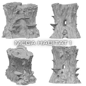 May include: Four gray, stylized tree trunk models with platforms, arches, and openings. The text "MEGA HABITAT 1" is displayed in a white, bold font below the models. The tree trunks have a rough, textured surface.