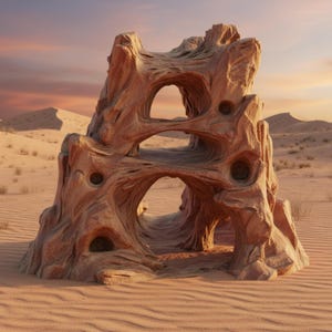 May include: A sandstone-colored rock formation with three arch-shaped openings and several smaller circular holes. The textured rock stands in a desert landscape with sand dunes and a sunset sky.