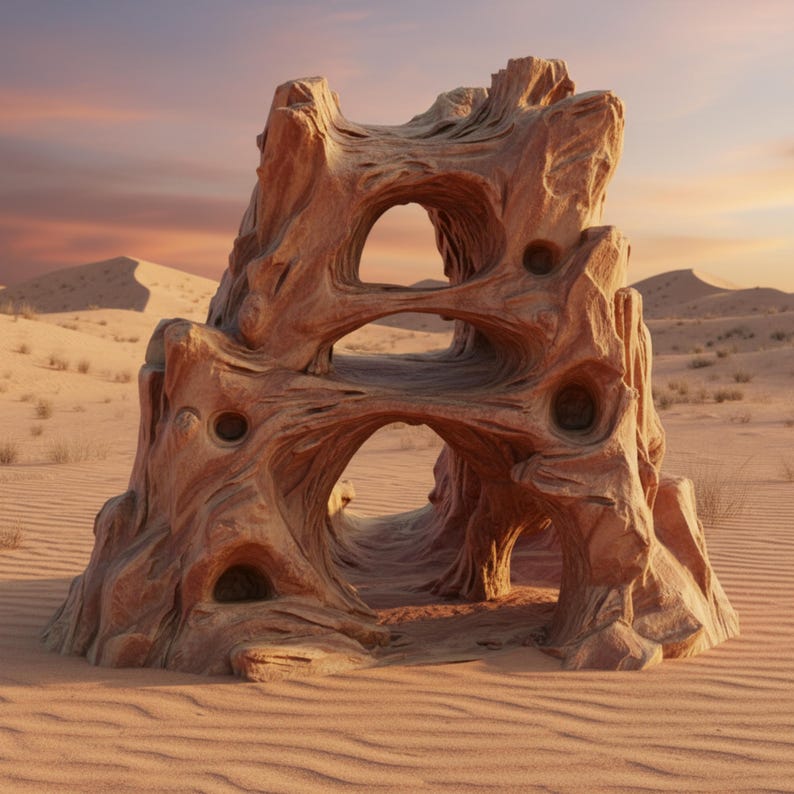 May include: A sandstone-colored rock formation with three arch-shaped openings and several smaller circular holes. The textured rock stands in a desert landscape with sand dunes and a sunset sky.