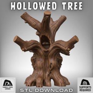 Puede incluir: Escultura de árbol ahuecado marrón con múltiples ramas y superficie texturizada. El texto "HOLLOWED TREE" está en la parte superior y "STL DOWNLOAD" en la inferior. La escultura tiene una apariencia natural y desgastada.