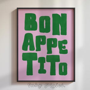 Bon Appetito, Bon Appetit Print, Impressão física, Cartaz de impressão de arte, Desenhado à mão, Impressão de quarto moderno retrô de meados do século, Decoração de comida