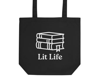 Lit Life zwarte draagtas van biologisch katoen | Boekenachtige cadeaus | Tas voor boekenwurmen en lezers