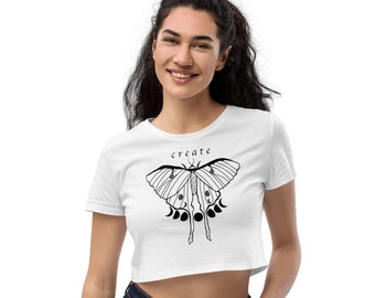 Luna Moth Crop Top | Organic Cotton | Hand Drawn by Artist | Eco-Friendly | Moon Phase | Mystical | Metaphysical | Spiritual | Yoga | Witchy
