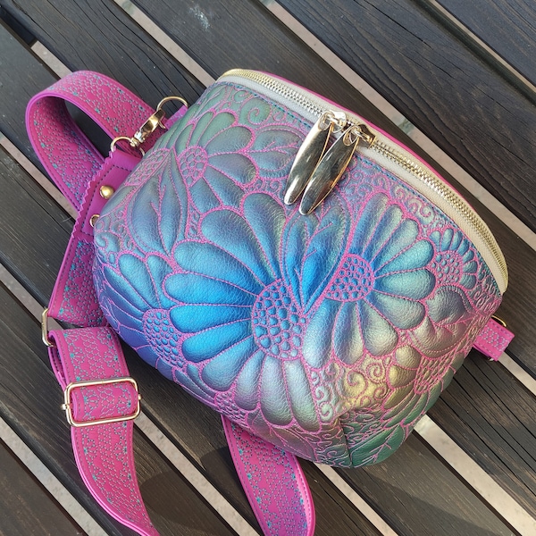 Colorful Crossbody Sling Purse, Cute Bum Bag, Vegan Leather Fanny Pack with Wide Strap, Fuchsia Pink with Smaragd Green and Indigo Blue