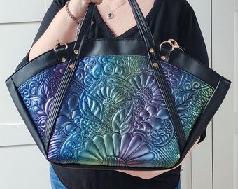 Stylish Black Large Handbag for Women, Big Vegan Shoulder Bag, Black and Peacock Matallic Everyday Tote Bag, Fashion Gift for Wife