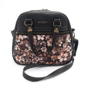Sac melon floral pour femme, sac à main bandoulière de tous les jours avec détails en bronze, sac à main végétalien noir et marron café, idée cadeau mode pour femme