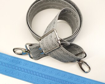 Azure Blue Crossbody Wide Purse Strap, Long Adjustable Vegan Leather Embroidered Bag Strap with Blue Spiral Pattern