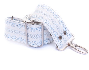 Vegan Crossbody Purse Strap Embroidered Replacement Wide Bag Strap for Handbags Long Adjustable White & Blue Faux Leather Guitar Purse Strap